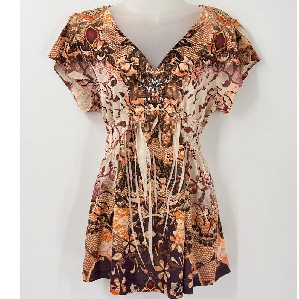 Embellished V-Neck Tunic Top Womens sz L Fairy Grunge Indie Whimsigoth y2k fall